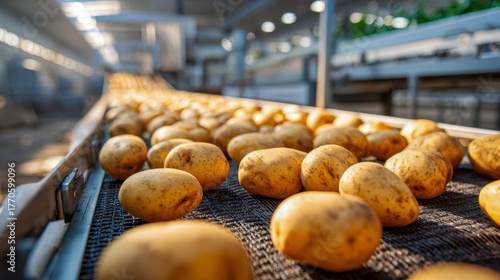 Freshly harvested potatoes moving along a conveyor belt inside a modern agricultural processing facility under natural sunlight and industrial lighting conditions