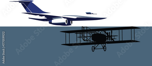 Evolution of aviation showcasing a modern jet over a vintage biplane