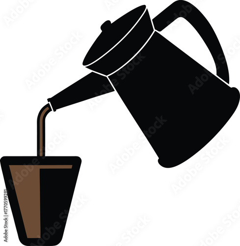 Black coffee pot pouring hot beverage into a cup icon