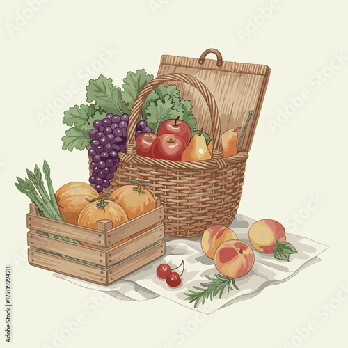 Watercolor composition with fresh vegetables, bread, herbs, and berries in a rustic wooden box. Perfect for farm or organic food design.