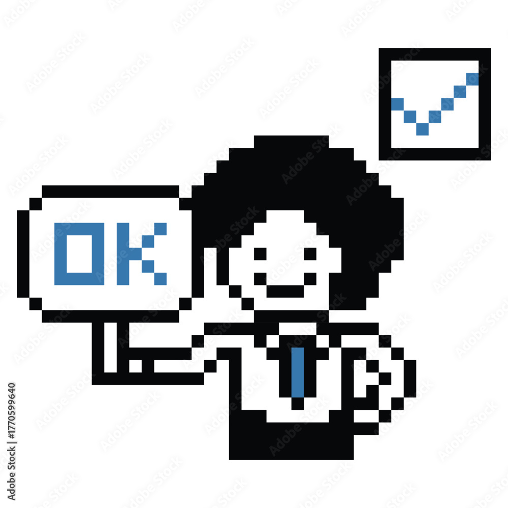 Obraz premium Cartoon pixel art cartoon 8bit character business man businessman smart graph work game decoration business 8 bit male career smart character game vector.
