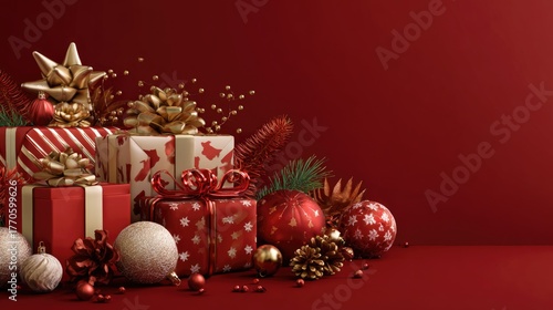 Assorted red gift boxes with ribbons among baubles and bokeh background. Christmas and New Year concept. Design for shopping ads, advertisement or banner with copy space for text.