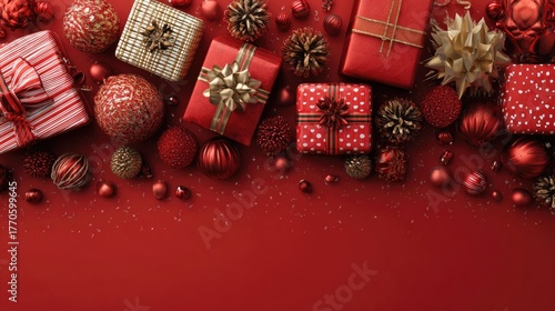 Assorted red gift boxes with ribbons among baubles and bokeh background. Christmas and New Year concept. Design for shopping ads, advertisement or banner with copy space for text.