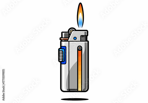 Cartoon Illustration of a Lit Silver and Orange Lighter.