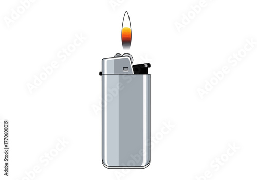 Silver Lighter with Flame Illustration on White Background.