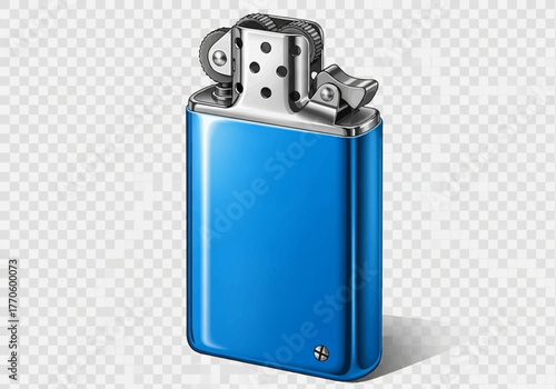 Blue Metallic Lighter with Silver Top and Flint Wheel Mechanism.