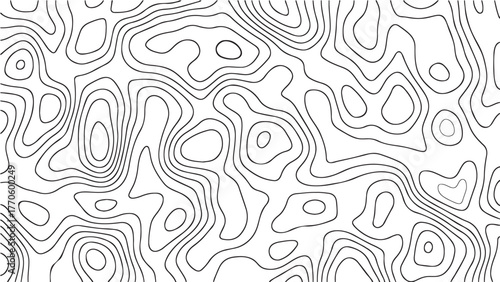 Abstract black and white seamless topographic map background with contour lines.