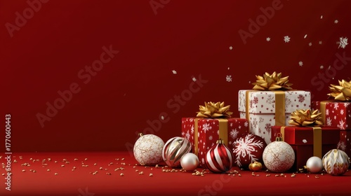 Assorted red gift boxes with ribbons among baubles and bokeh background. Christmas and New Year concept. Design for shopping ads, advertisement or banner with copy space for text.