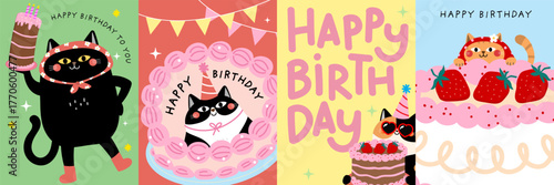 Happy birthday greeting card with cute fluffy cat, party hat, strawberry and chocolate cake. Animal cartoon characters in party. -Vector