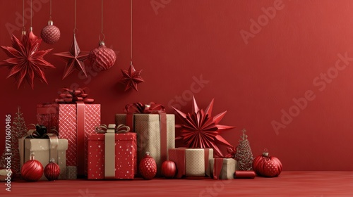 Assorted red gift boxes with ribbons among baubles and bokeh background. Christmas and New Year concept. Design for shopping ads, advertisement or banner with copy space for text.