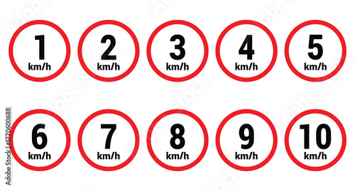 Speed limit sign 1, 2, 3, 4, 5, 6, 7, 8, 9 and 10 km h icon vector design illustration