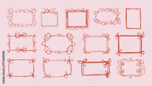 Set of whimsical hand-drawn frames with wavy squiggle curly ribbons in trendy, vintage styles. Vector playful border frames for trendy invitations, cards