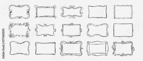 Set of whimsical hand-drawn frames with wavy squiggle curly ribbons in trendy, vintage styles. Vector playful border frames for trendy invitations, cards