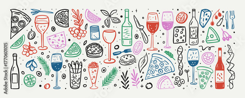  Collection with doodle wine glasses, bottles, pizza, cheese, and fruits. Hand-drawn food and drink illustration in playful colorful style. 