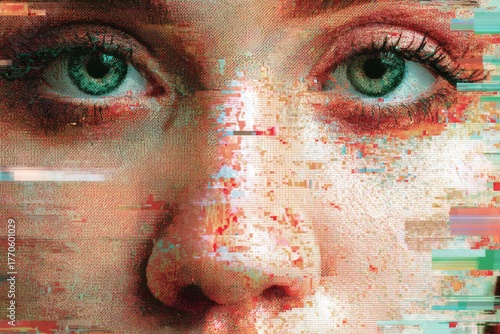 Close up of a woman's eyes showing extreme digital visual distortion with bright colors and blocky pixel artifacts.