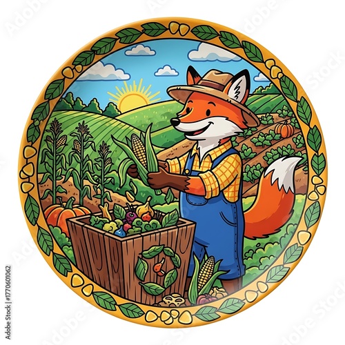 A whimsical plate design features a fox in overalls harvesting corn in a vibrant farm scene surrounded by a decorative border
