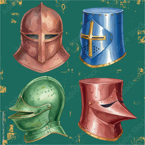 Vintage illustration of four different colored medieval helmets (red, blue, green, bronze) on textured green background. Perfect for fantasy or historical art collections.