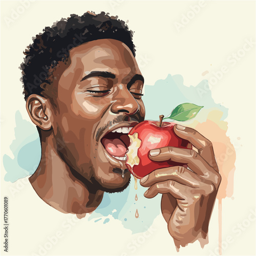 Watercolor portrait of a man biting a red apple. Expressive, fresh, and dynamic artwork symbolizing energy and vitality.