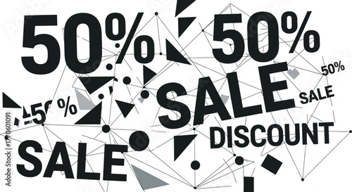 Image displaying fifty percent off sale discount with geometric shapes and line connections in black and white