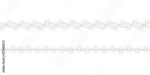 Warm glowing string lights or christmas fairy light overlay with soft warm white illumination for festive event celebration and home decoration on transparent background