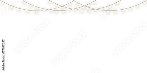 Warm glowing string lights or christmas fairy light overlay with soft warm white illumination for festive event celebration and home decoration on transparent background