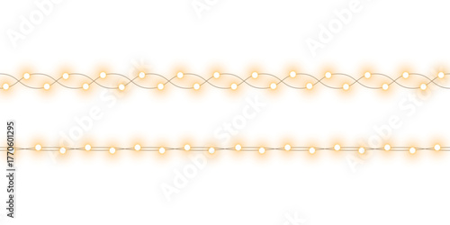 Warm glowing string lights or christmas fairy light overlay with soft warm white and golden yellow illumination for festive event celebration and home decoration on transparent background