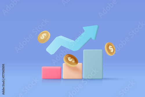 3D money coin saving on pastel blue background. bundles cash and floating coins exchange with finance business concept, earning investment. 3d vector icon trading for investment render illustration
