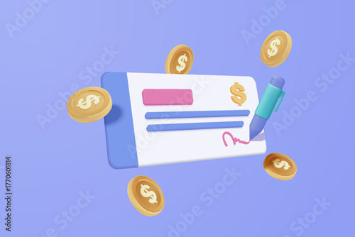 3D bank cheque and money coin with pen, fund transfer, banking payment receipt. Composition with financial annual accounts, calculating and paying invoice bill. 3d icon vector render illustration