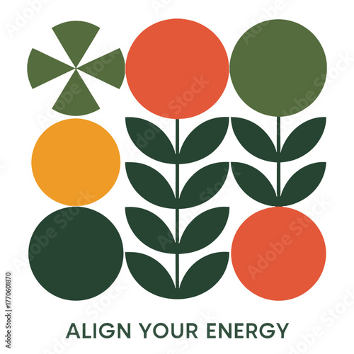 Abstract geometric floral design with text Align Your Energy pattern