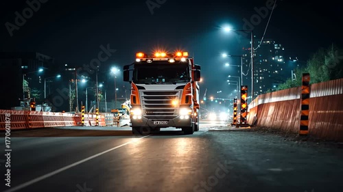 Nighttime City Road Construction Scene Featuring Trucks and Streetlights at Night