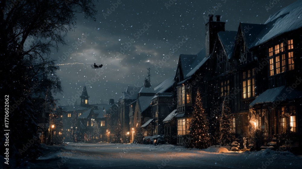 Obraz premium Snow falling over a charming village street at night with Christmas trees and Santa's sleigh