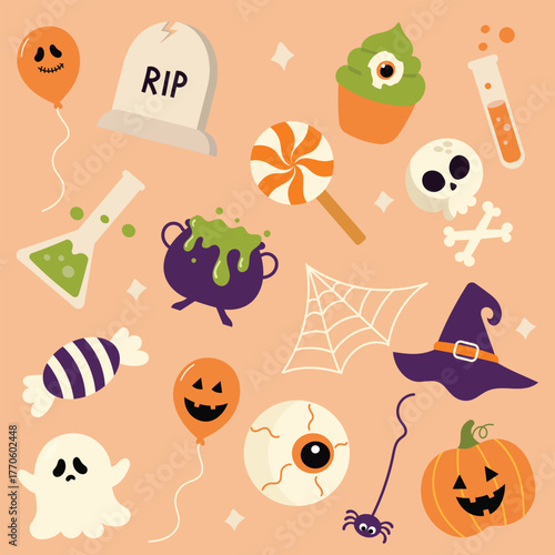 Cute halloween elements collection set with spooky decorations