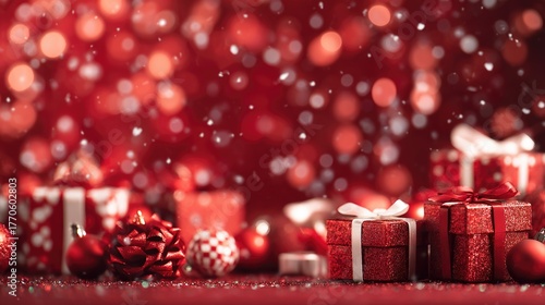 Assorted red gift boxes with ribbons among baubles and bokeh background. Christmas and New Year concept. Design for shopping ads, advertisement or banner with copy space for text.