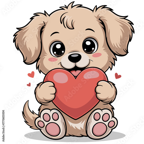 Adorable cartoon puppy holding a red heart with small hearts floating around cute