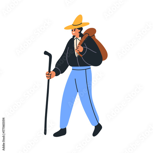 Happy man traveler, wanderer in hat, walking with cane and travel bag. Rural person, farmer wandering, going. Countryside shepherd carrying sack. Flat vector illustration isolated on white background.