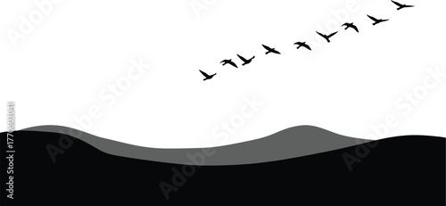 Serene sunrise over rolling hills with silhouettes of birds in flight majestic natural landscape art
