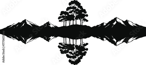 Serene mountain lake landscape with vibrant trees reflected in calm water at dawn or dusk