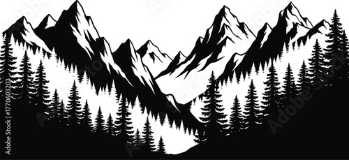 Majestic rocky mountains with pine trees in silhouette perfect for wilderness adventure banners and advertisements