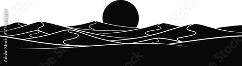 Serene minimalist desert horizon landscape featuring a setting sun and rolling sand dunes under a vast sky