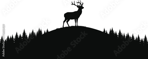 Elegant silhouette of a majestic deer standing atop a moonlit hilltop overlooking a serene forest at night