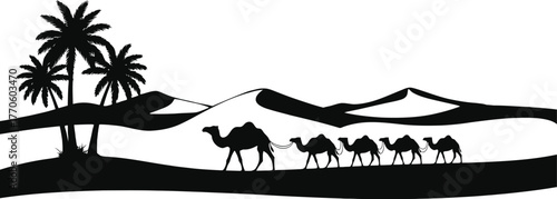 Silhouette of a desert caravan with camels and palm trees under an arabian sky