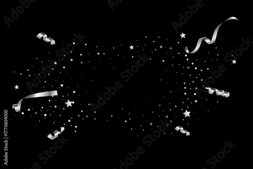 Silver confetti birthday background. Platinum ribbons, stars and confetti party pattern. Congratulations black horizontal banner with copy space. Festive elegant vector illustration.