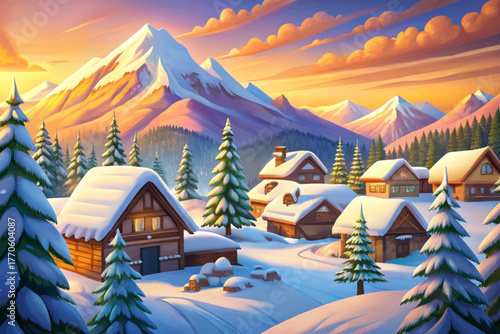 Peaceful mountain village covered in fresh snow under colorful sunrise sky