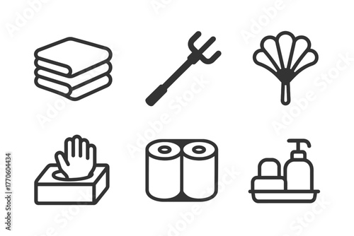 Minimalist cleaning icons collection: towels, duster, mop, gloves, soap dispenser, toilet paper.