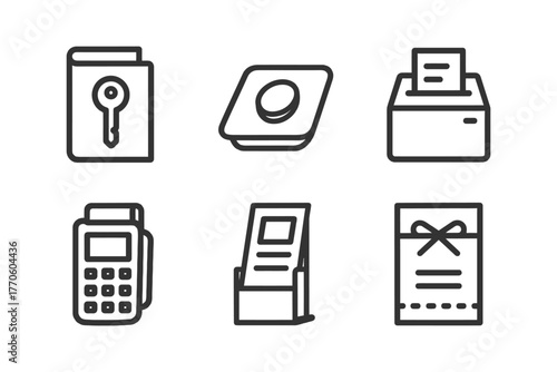 Line icons of office supplies: security, buttons, printers, calculators, kiosks, shopping bags.