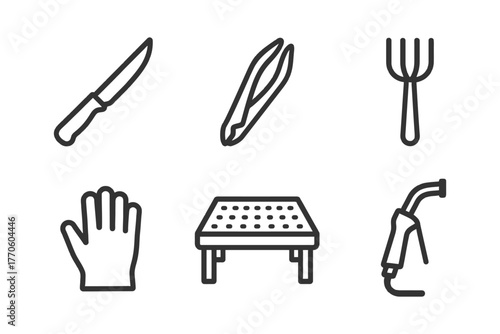 Butchery tools icons: knife, tweezers, fork, glove, table, meat gun.