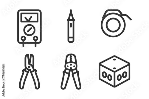 Electrical tools line icons: multimeter, soldering iron, tape measure, pliers, crimping tool, dice.