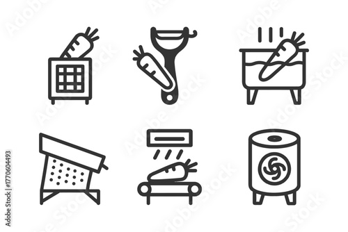 Carrot processing icons set: grating, peeling, boiling, pressing, conveyor, drying.