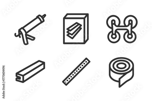 Home improvement tools: caulk gun, sandpaper, roller, beam, ruler, tape icons.