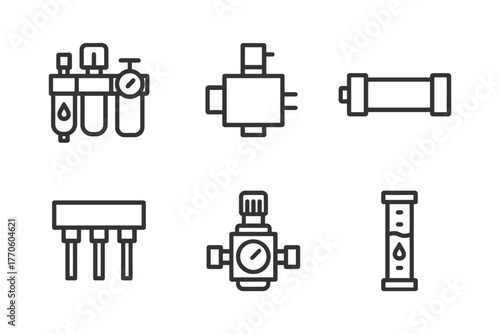 Set of linear icons: water filters and valves in minimalist design.